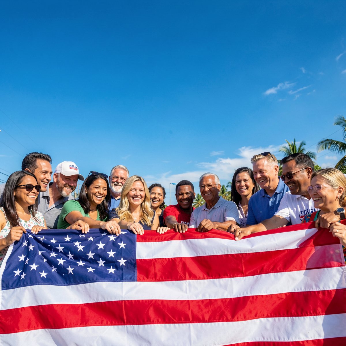 Victor Arias with diverse group of Southwest Florida supporters holding an American flag